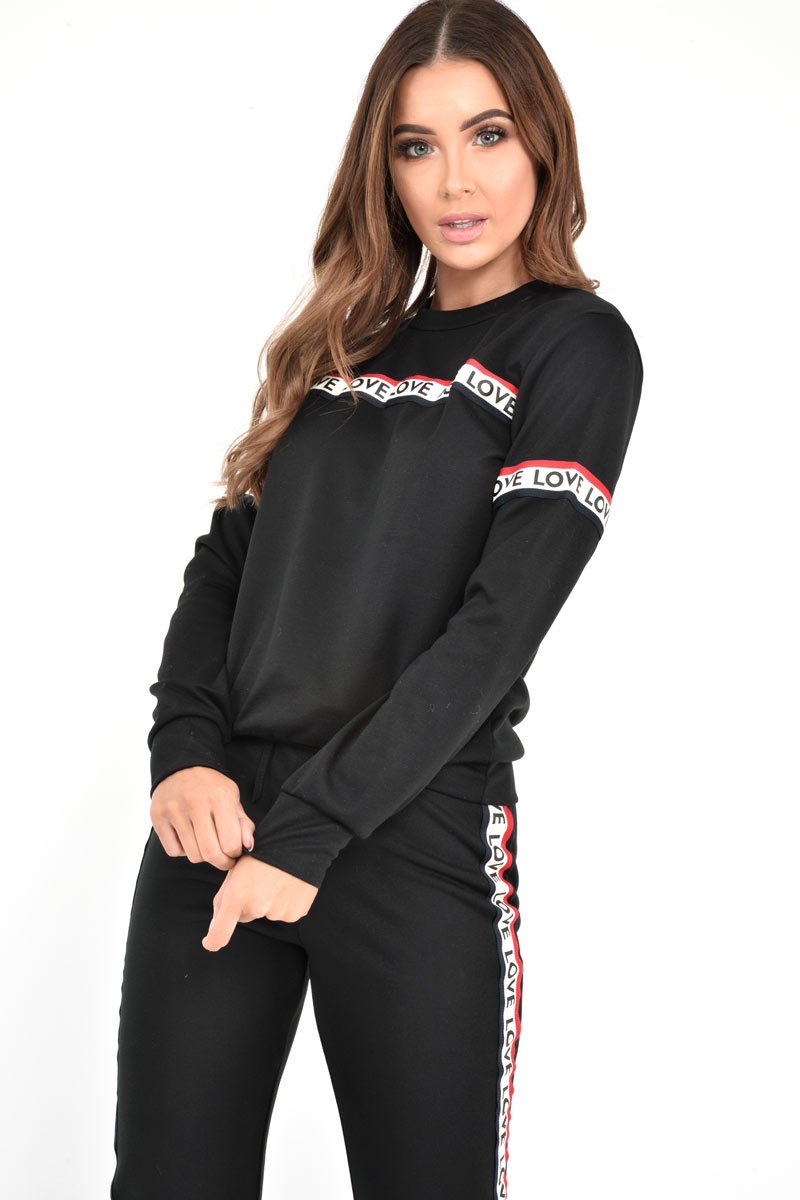 Black Love Slogan Tape Loungewear Set - Kaisy-Loungewear