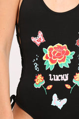 Black Lucky Lace Up Bodysuit - Janessa-Bodysuits