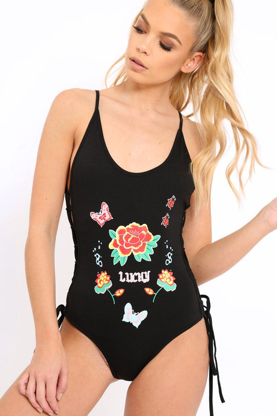 Black Lucky Lace Up Bodysuit - Janessa
