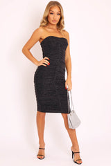 Black Lurex Glitter Extreme Ruched Slinky Midi Bodycon Dress - Kaja-Dresses