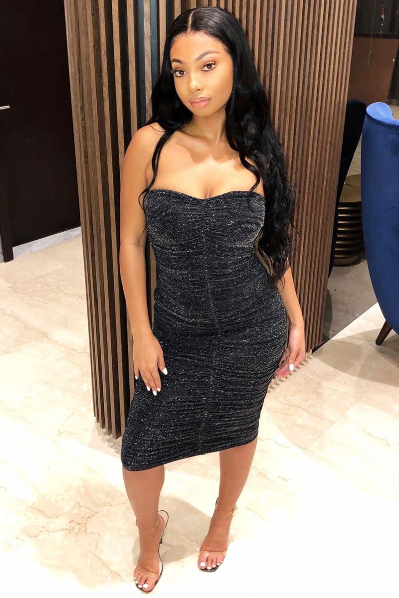 Black Lurex Glitter Extreme Ruched Slinky Midi Dress - Kaja Rebellious Fashion Black Lurex Glitter Extreme Ruched Slinky Midi Dress - Kaja Rebellious Fashion