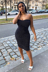 Black Lurex Glitter Extreme Ruched Slinky Midi Bodycon Dress - Kaja-Dresses