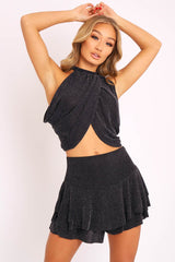 Black Lurex Glitter Halter Top and Shorts Co-ord - Ismi-Co-ords