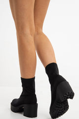 Black Lycra Cleated Sole Block Heel Sock Boots - Valena-Boots