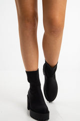Black Lycra Cleated Sole Block Heel Sock Boots - Valena-Boots