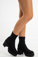Black Lycra Cleated Sole Block Heel Sock Boots - Valena-Boots