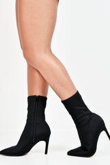 Black Lycra High Rise Pointed Sock Boots - Evalyna-Heels