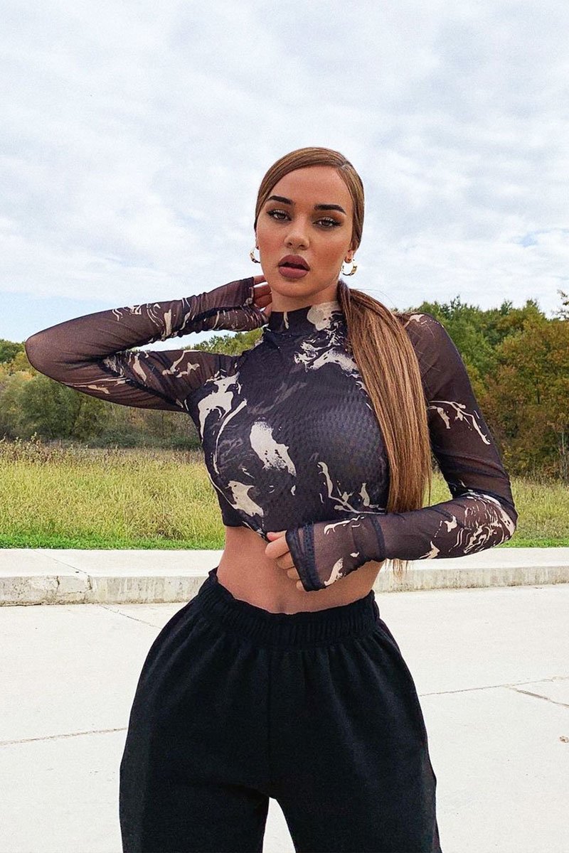 Black Marble Ruched Inside Mesh Crop Top - Mally-Crop Tops