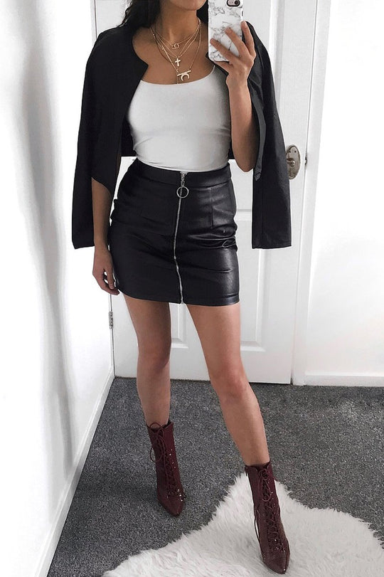 Black Matte PU Ring Zip Mini Skirt - Rachel
