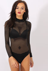 Black Mesh Airtex Long Sleeve Bodysuit - Halley-Bodysuits