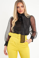 Black Mesh Balloon Sleeve Blouse - Elvina-Tops