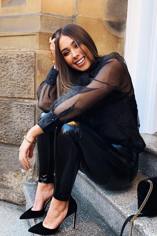 Black Mesh Balloon Sleeve Blouse - Elvina