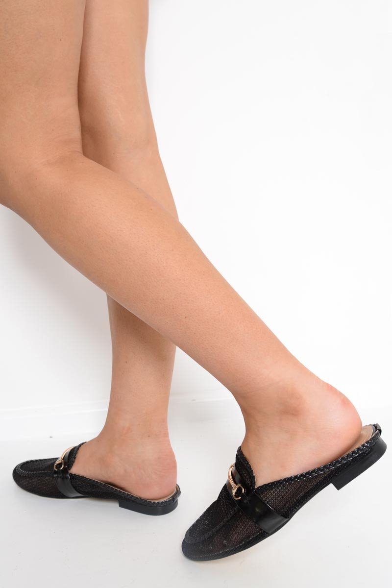 Black Mesh Bar Detail Loafers - Zafira-Flats