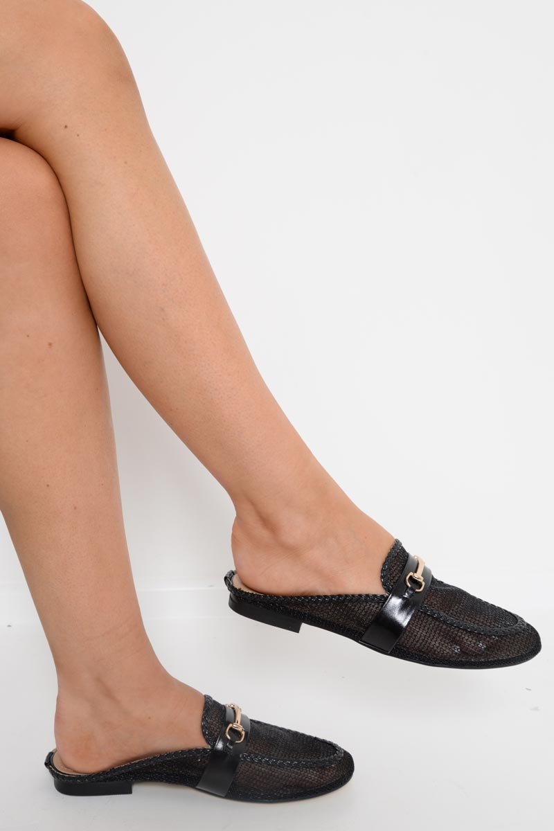 Black Mesh Bar Detail Loafers - Zafira-Flats