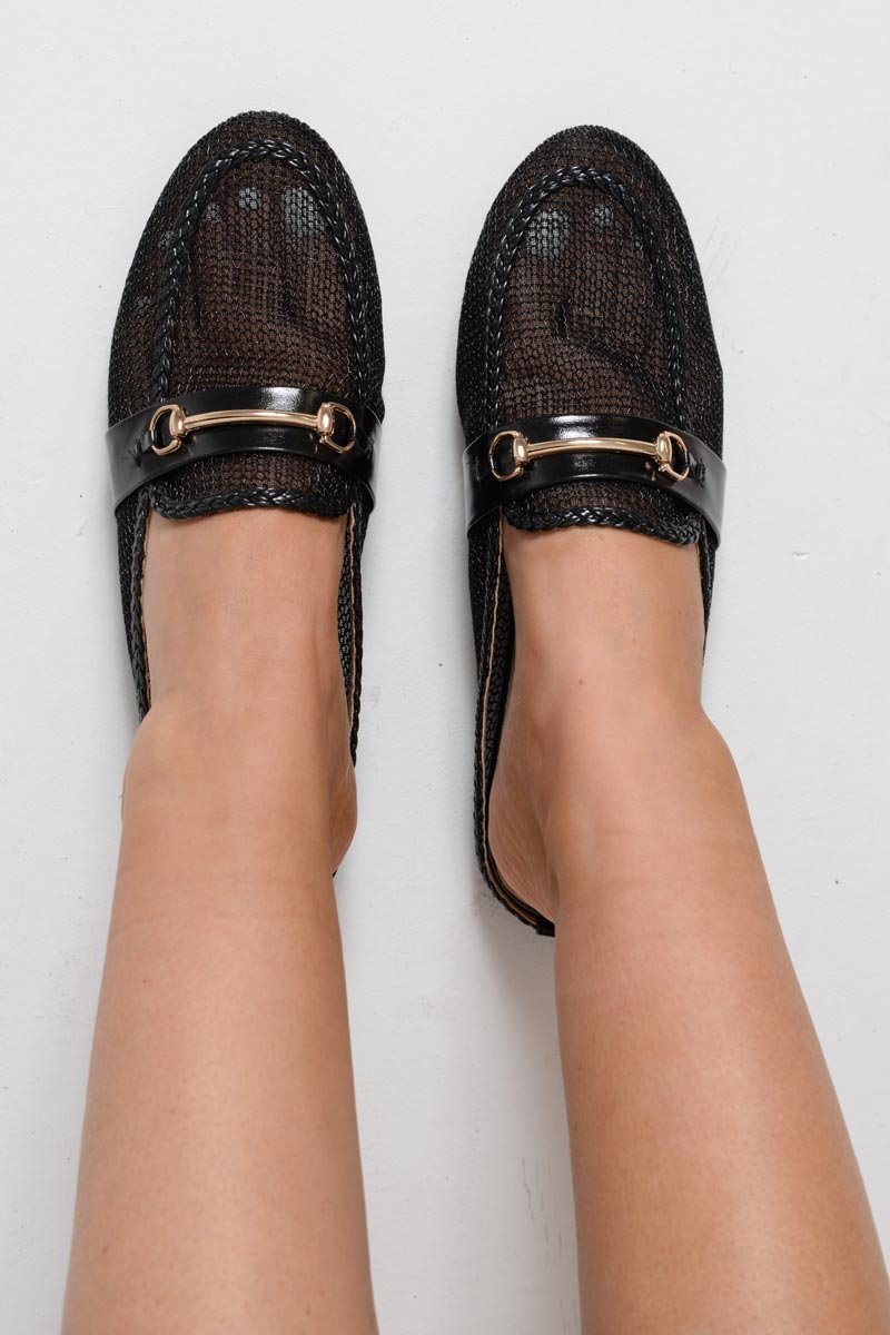 Black Mesh Bar Detail Loafers - Zafira-Flats