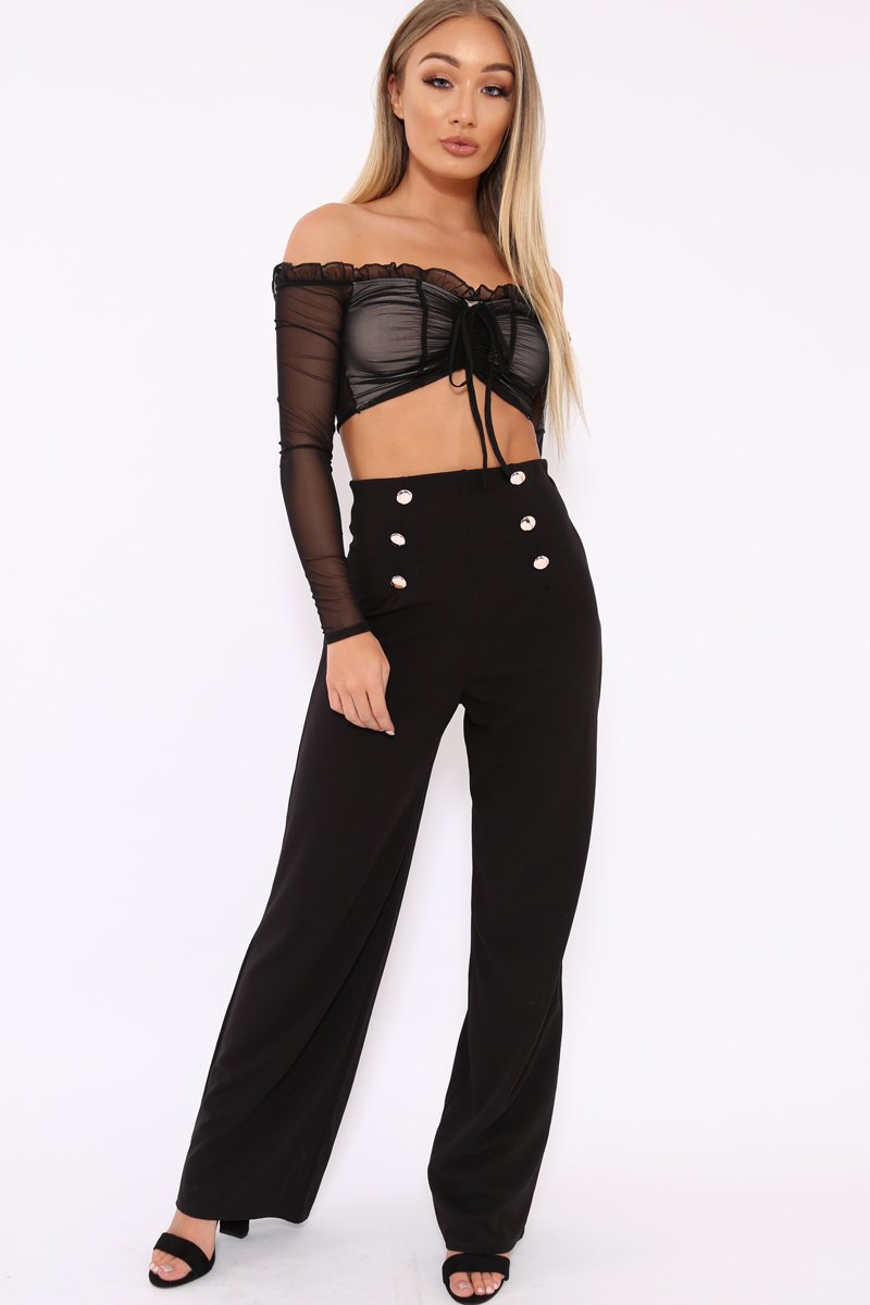 Black Mesh Bardot Ruched Front Crop Top - Carlita-Tops