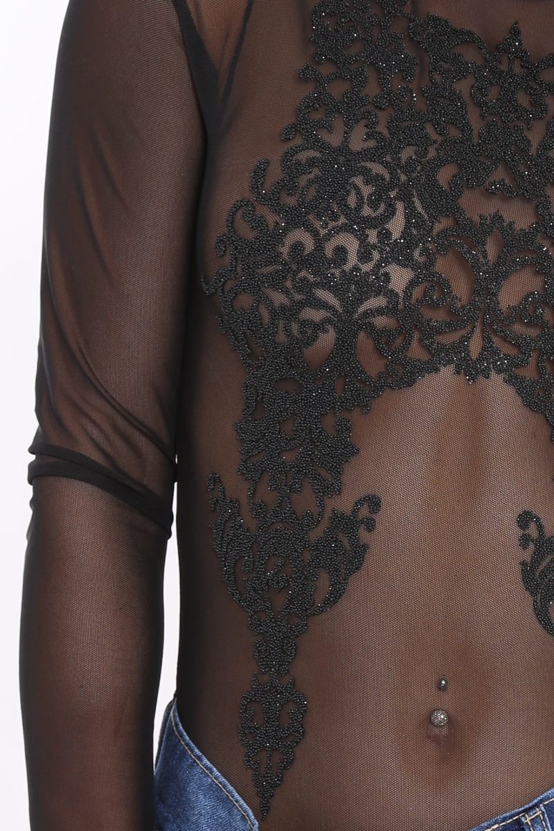 Black Mesh Bodysuit with Black Sparkle Beading - Violet-Bodysuits