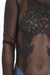 Black Mesh Bodysuit with Black Sparkle Beading - Violet-Bodysuits