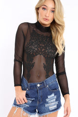Black Mesh Bodysuit with Black Sparkle Beading - Violet-Bodysuits