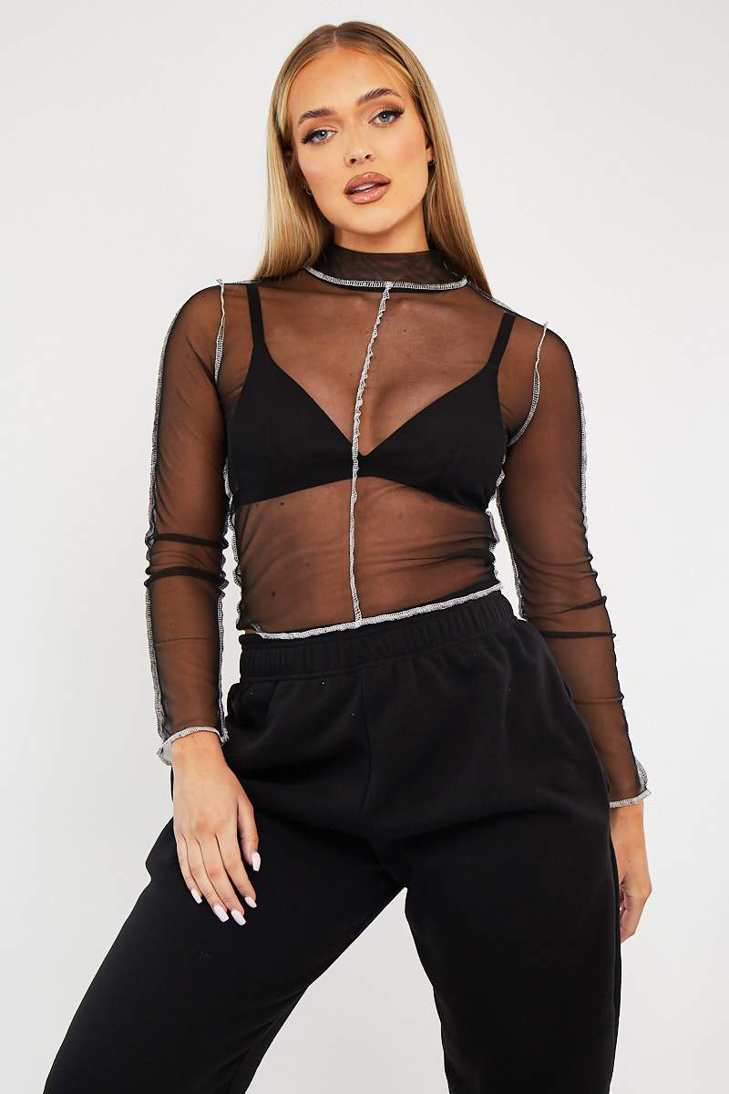 Black Mesh Contrast Stitch Long Sleeve Crop Top - Evie-Crop Tops