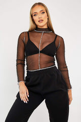 Black Mesh Contrast Stitch Long Sleeve Crop Top - Evie – Rebellious Fashion