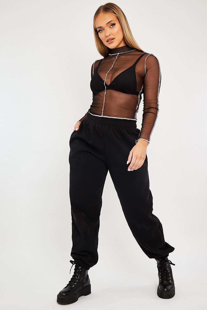 Black Mesh Contrast Stitch Long Sleeve Crop Top - Evie-Crop Tops