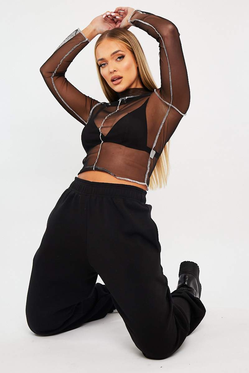 Black Mesh Contrast Stitch Long Sleeve Crop Top - Evie-Crop Tops