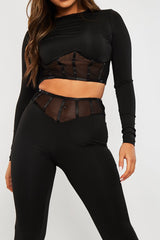 Black Mesh Corset Panel Crop Top Leggings Co-ord - Angela-Co-ords