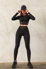 Black Mesh Corset Panel Crop Top Leggings Co-ord - Angela-Co-ords