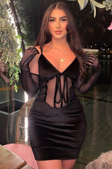Black Mesh Detail Corset Velvet Mini Dress - Asha