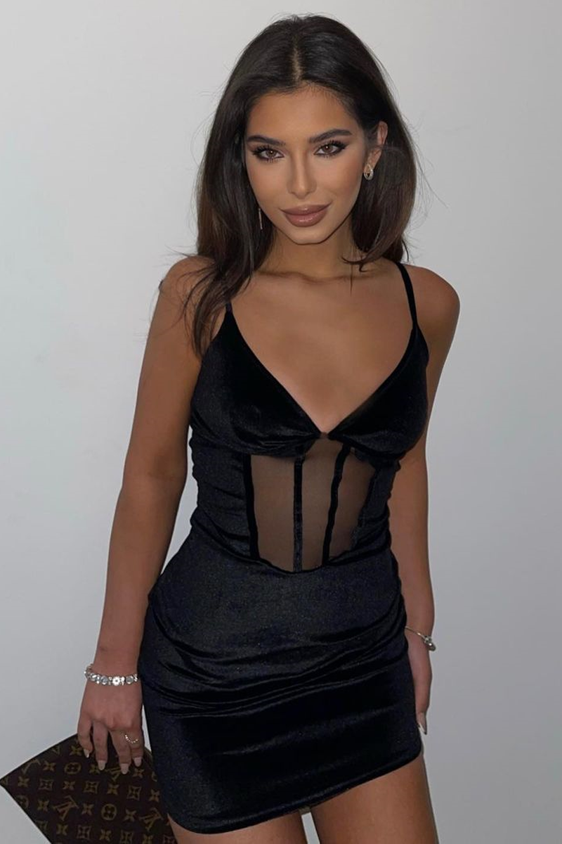 Black Mesh Detail Corset Velvet Mini Dress - Asha