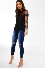 Black Mesh Dotted Blouse - Jose-Blouses