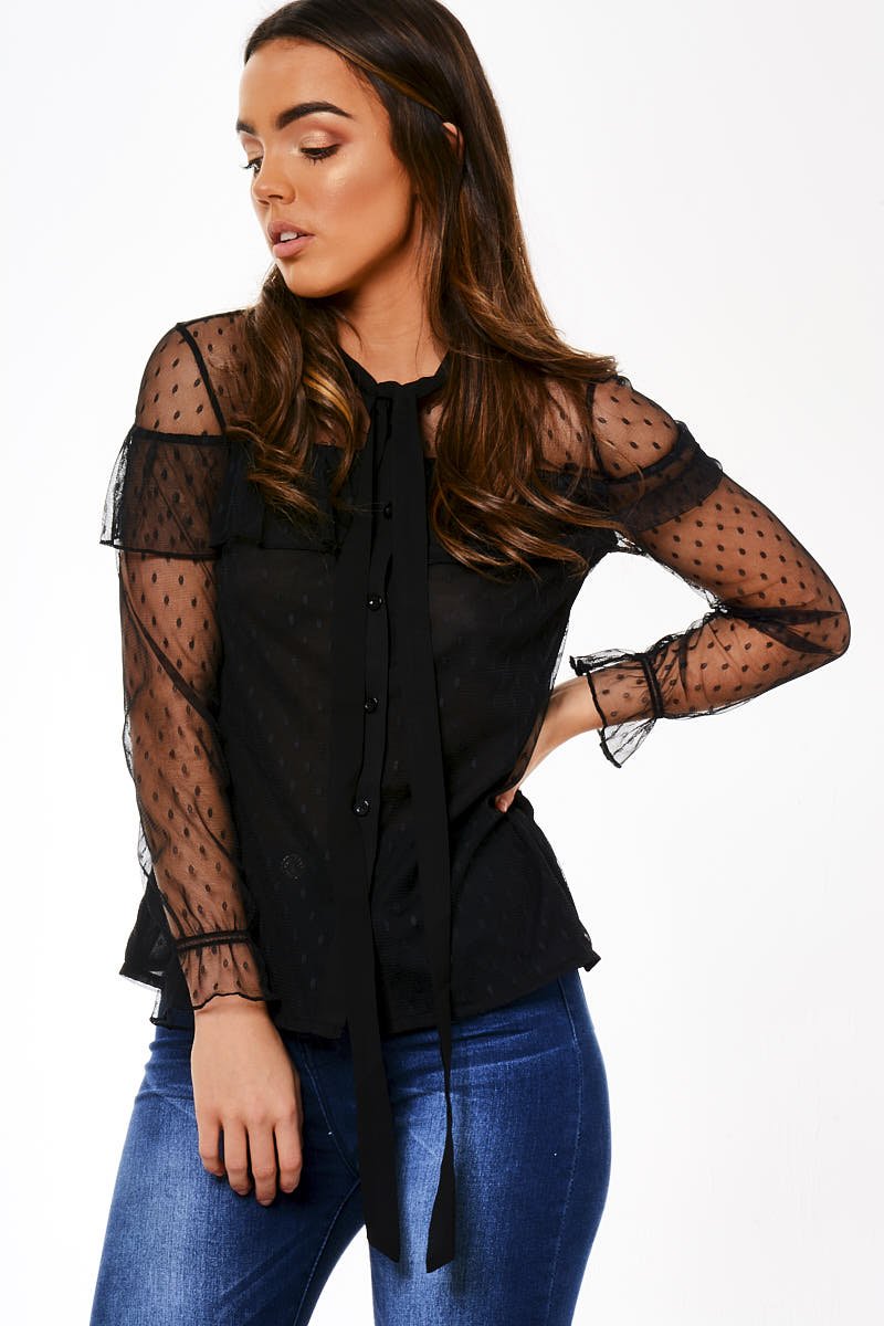 Black Mesh Dotted Blouse - Jose-Blouses