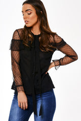 Black Mesh Dotted Blouse - Jose-Blouses