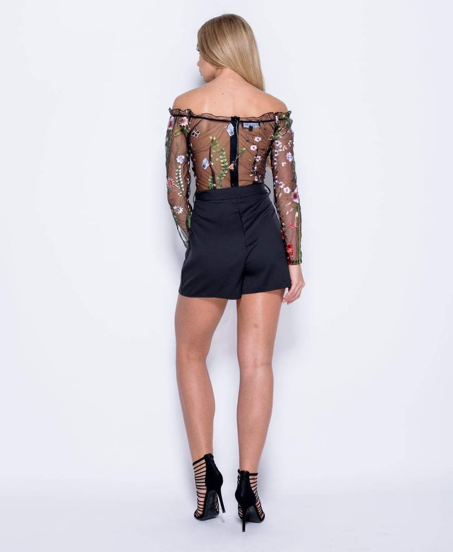 Black Mesh Embroidered Bardot Playsuit - Nicole-Playsuits