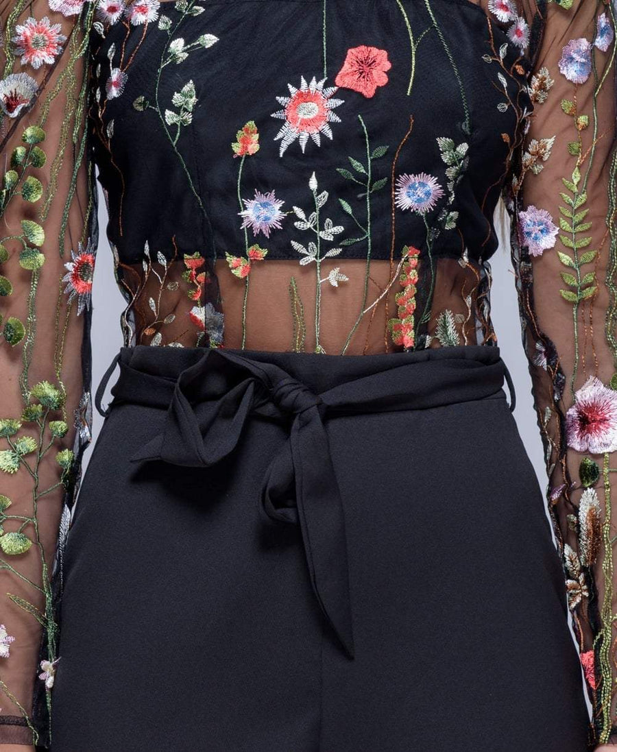 Black Mesh Embroidered Bardot Playsuit - Nicole-Playsuits