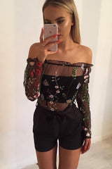 Black Mesh Embroidered Bardot Playsuit - Nicole-Playsuits