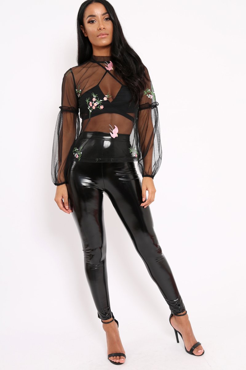 Black Mesh Embroidered Floral Top - Pacey-Tops