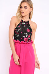 Black Mesh Embroidered Halter Neck Bodysuit - Harlo-Bodysuits