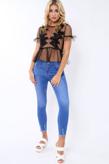 Black Mesh Embroidered Top - Charlie-Tops