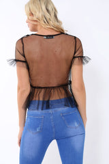 Black Mesh Embroidered Top - Charlie-Tops