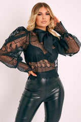 Black Mesh Embroidery Design Bow Neck Blouse - Jackson-Blouse