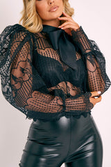 Black Mesh Embroidery Design Bow Neck Blouse - Jackson-Blouse