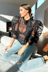 Black Mesh Embroidery Design Bow Neck Blouse - Jackson-Blouse