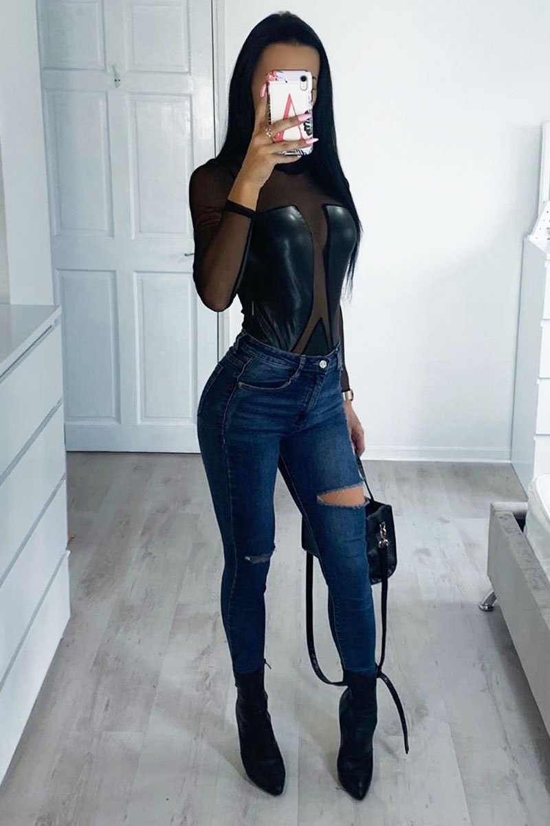Black Mesh Faux Leather Panel Bodysuit - Reily-Bodysuits