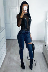 Black Mesh Faux Leather Panel Bodysuit - Reily-Bodysuits