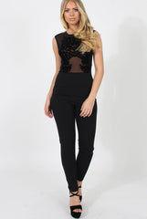 Black Mesh Flocked Jumpsuit - Keira-Jumpsuits