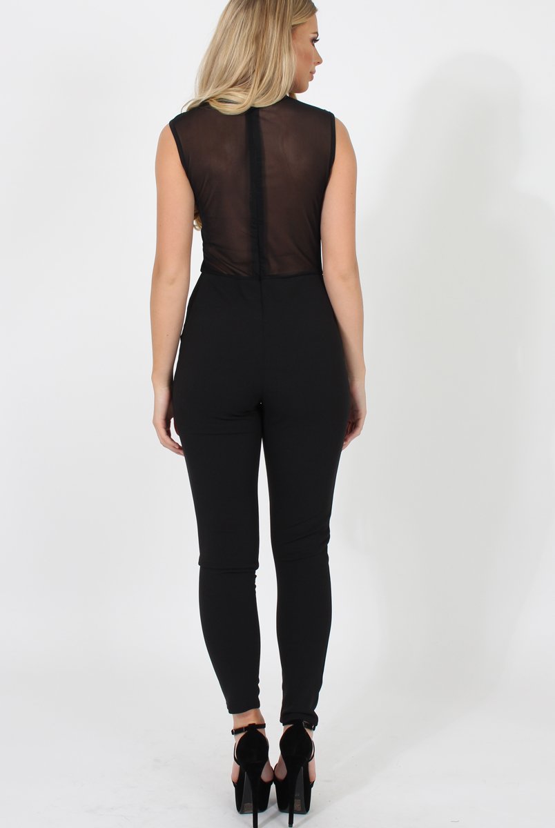 Black Mesh Flocked Jumpsuit - Keira-Jumpsuits
