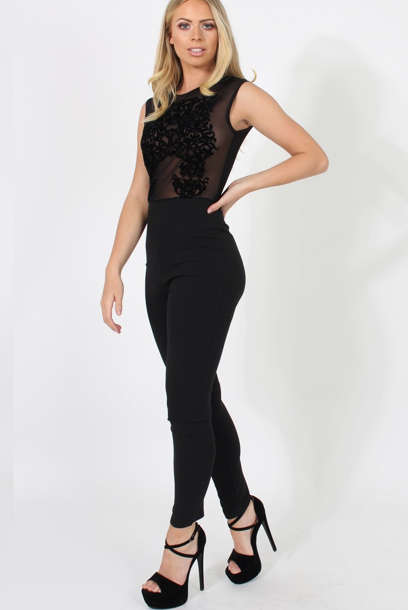 Black Mesh Flocked Jumpsuit - Keira-Jumpsuits