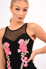 Black Mesh Floral Applique Bodycon Dress - Danika-Dresses